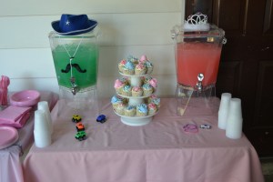 Drinks were dressed up with hats and trucks, and a tiara and jewelry.  My favorite touch is the earrings hanging off the sides of the pink punch.